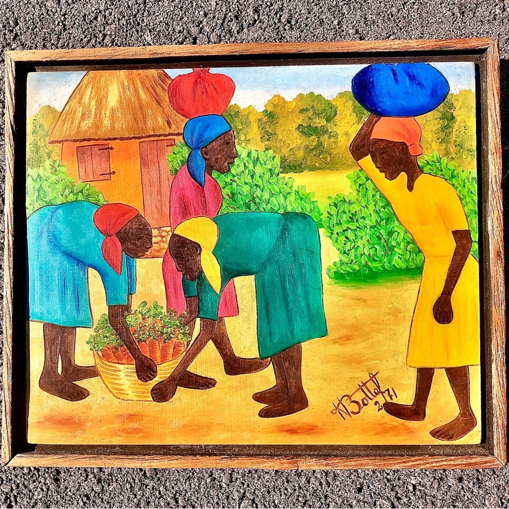 Haitian Folk Painting Framed Acrylic on Board Signed          N. Bottel 1971